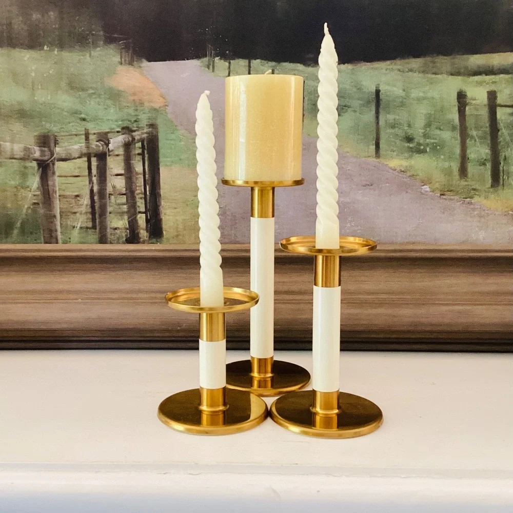 set of 3 IKEA Glittrig candlesticks gold and ivory Discontinued Tapered Pillar
